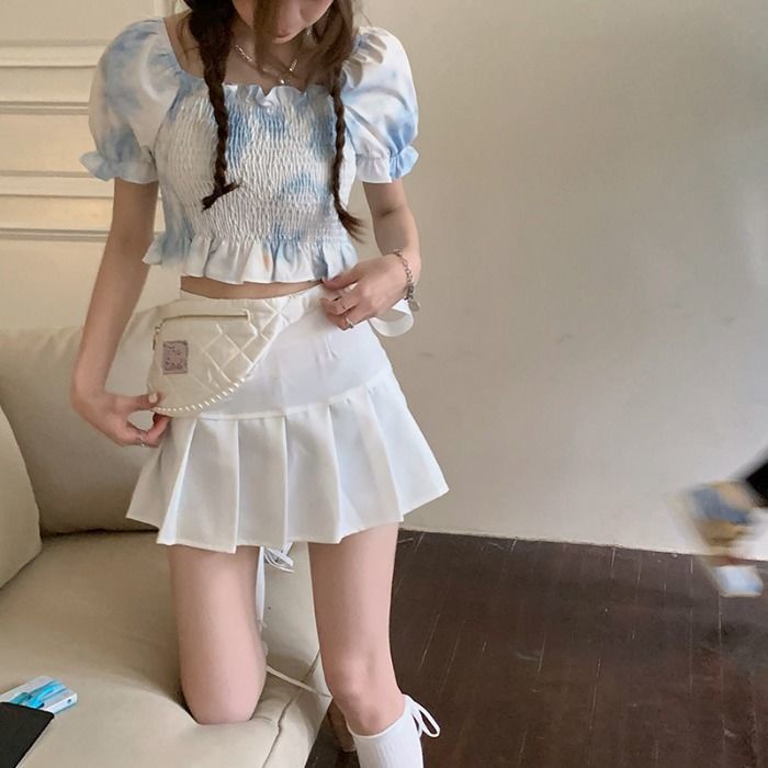 Áo croptop BH tay ngắn cổ vuông họa tiết màu nhuộm phong cách Pháp thời trang cho nữ