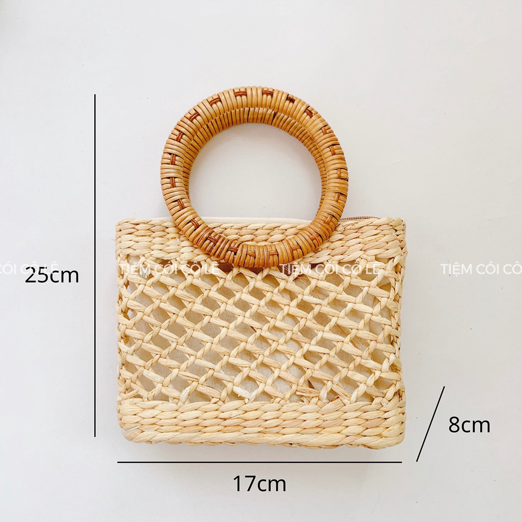 Túi cói mini, làn cầm tay hình vuông đan ô thưa size 17cm - Tiệm Cói Cô Lê