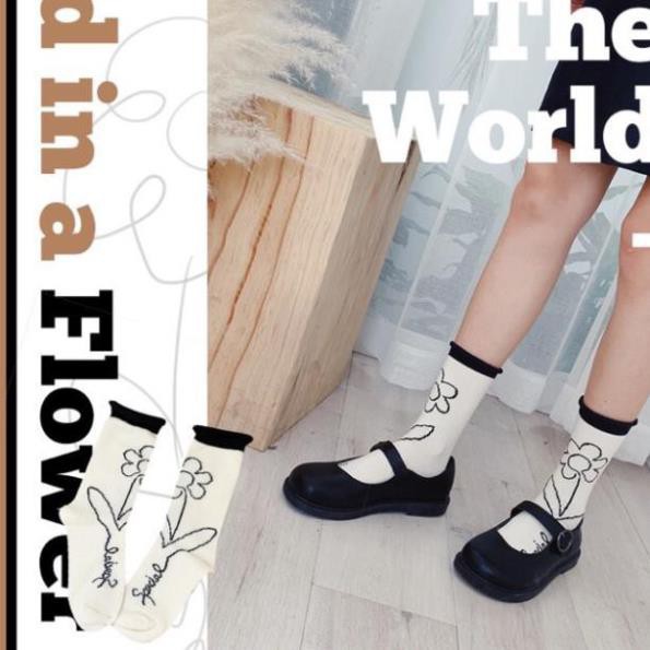 Tất Nữ Cổ Cao Cotton Họa Tiết Phong Cách Retro Hàn Quốc Vớ Nữ Cổ Cao Ulzzang Thời Trang