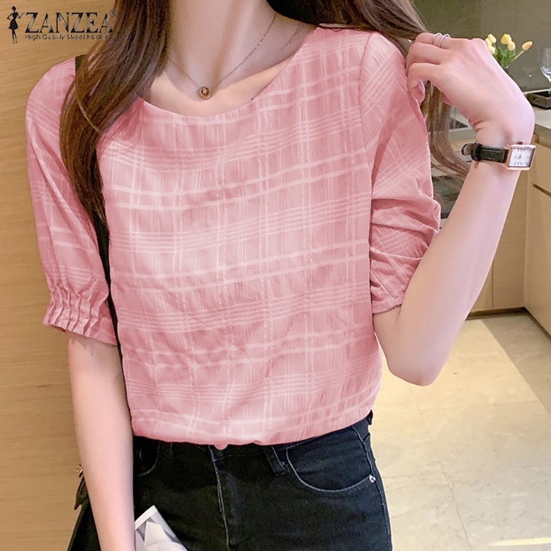 Áo sơ mi ZANZEA tay ngắn họa tiết kẻ ô thời trang dành cho nữ