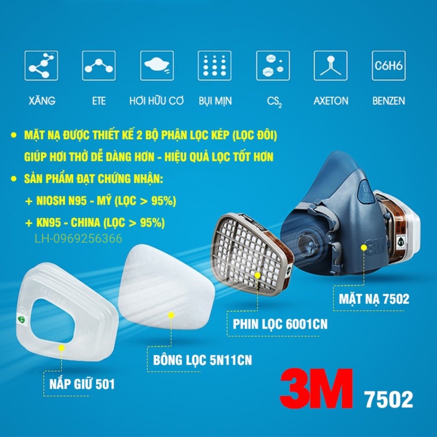 Mặt nạ chống độc Silicol 3M 7502 chuyên phun sơn Pu,hóa chất có tặng kính
