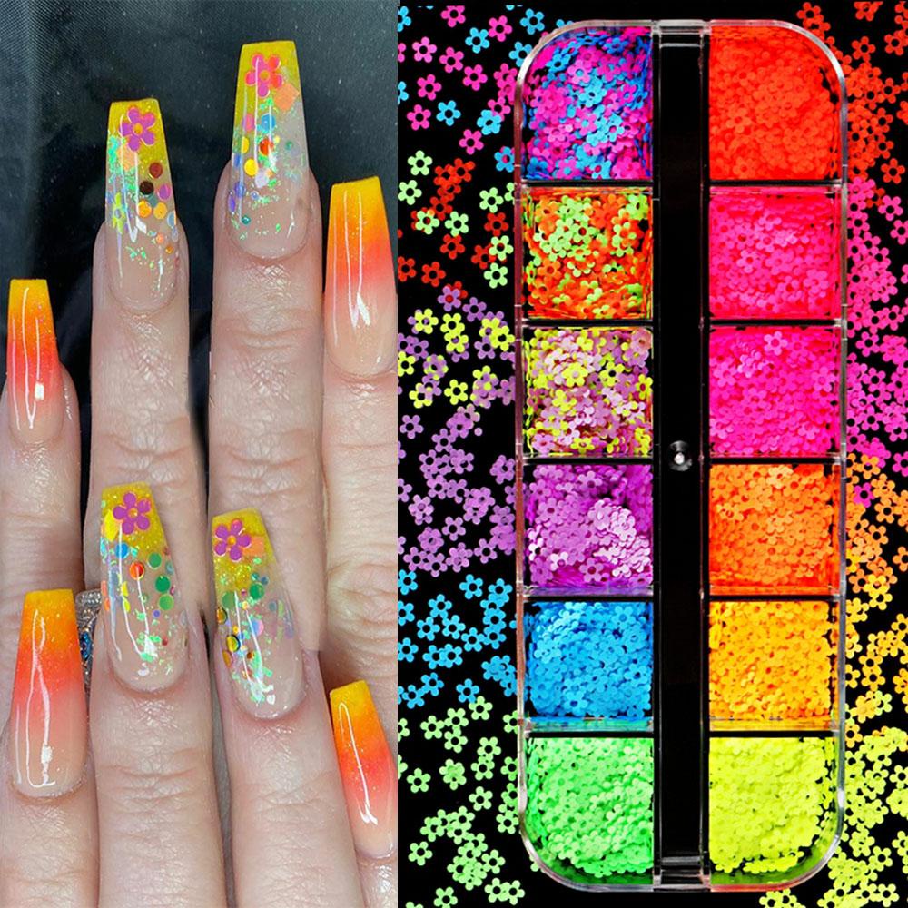 Hộp 12 Ngăn Đựng Phụ Kiện Trang Trí Móng Nghệ Thuật Hình Hoa Màu Neon Dễ Thương