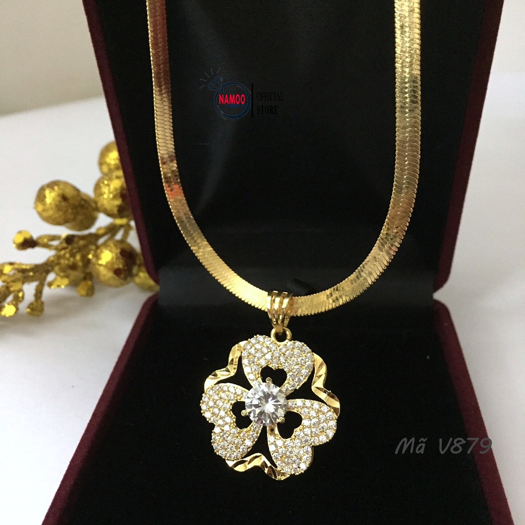 Dây Chuyền Titan Nữ V879 Cỏ Ba Lá Đính Đá Lớn Kết Hợp Dây Dẹt V007 Bền Màu