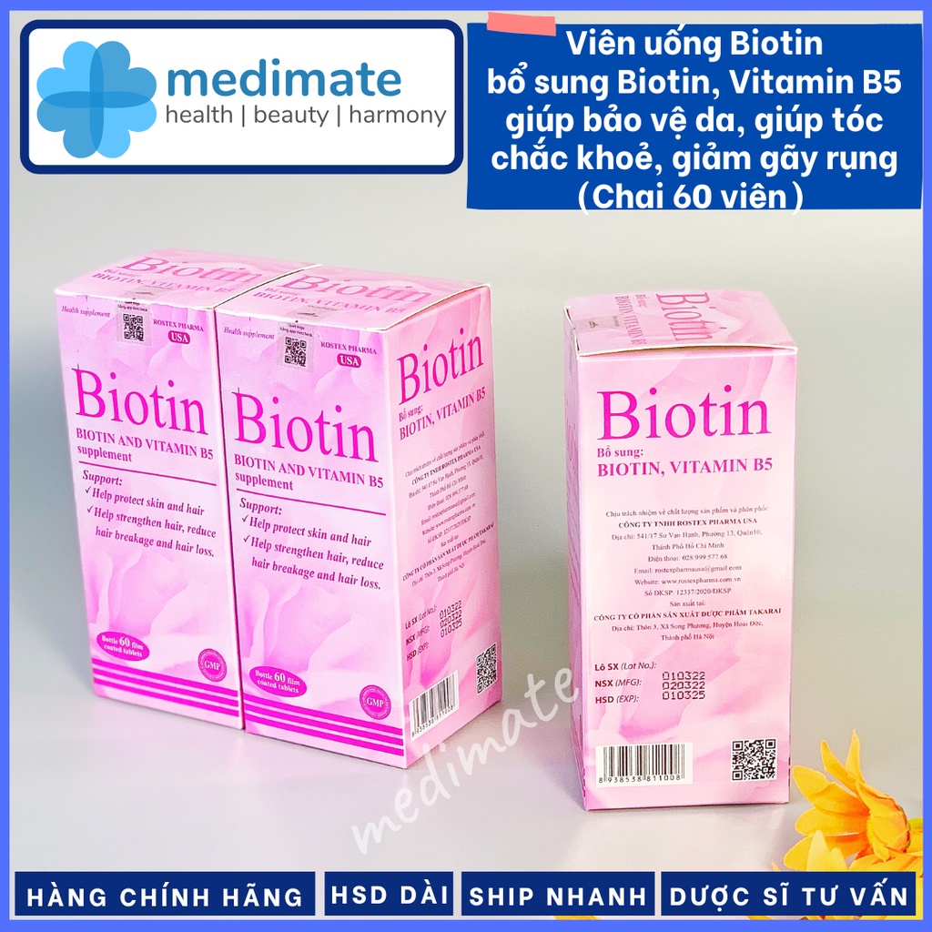 Viên uống Biotin bổ sung Biotin và Vitamin B5 giúp đẹp da, giúp tóc chắc khỏe, giảm gãy rụng tóc (Chai 60 viên)