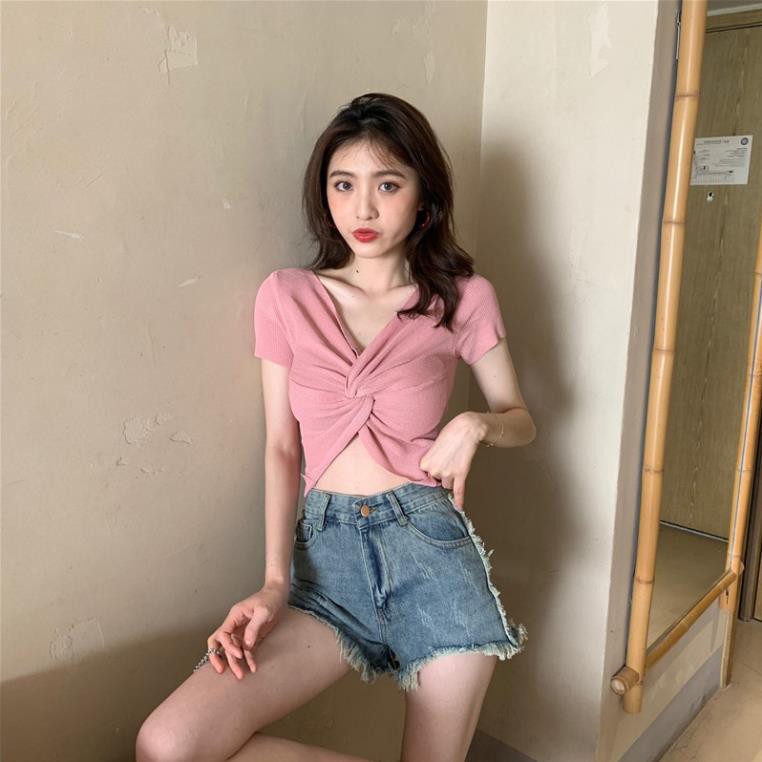 Áo thun croptop dệt kim ngắn tay kiểu đắp chéo cổ chữ V màu trơn cá tính cho nữ Xịn *