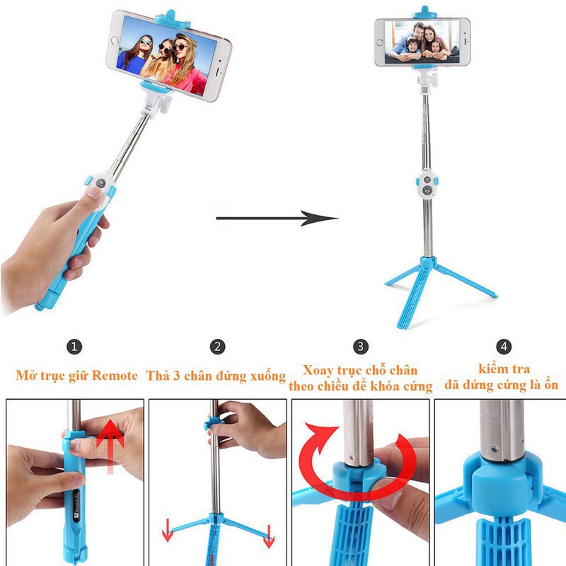 Gậy chụp hình Selfie Tripod Selfie Stick Mini gậy tự sướng nhám có 3 chân tặng kèm nút điều khiển Phặn Phặn
