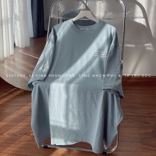 Áo thun in chữ signature màu xanh nhạt unisex ảnh thật ssstore
