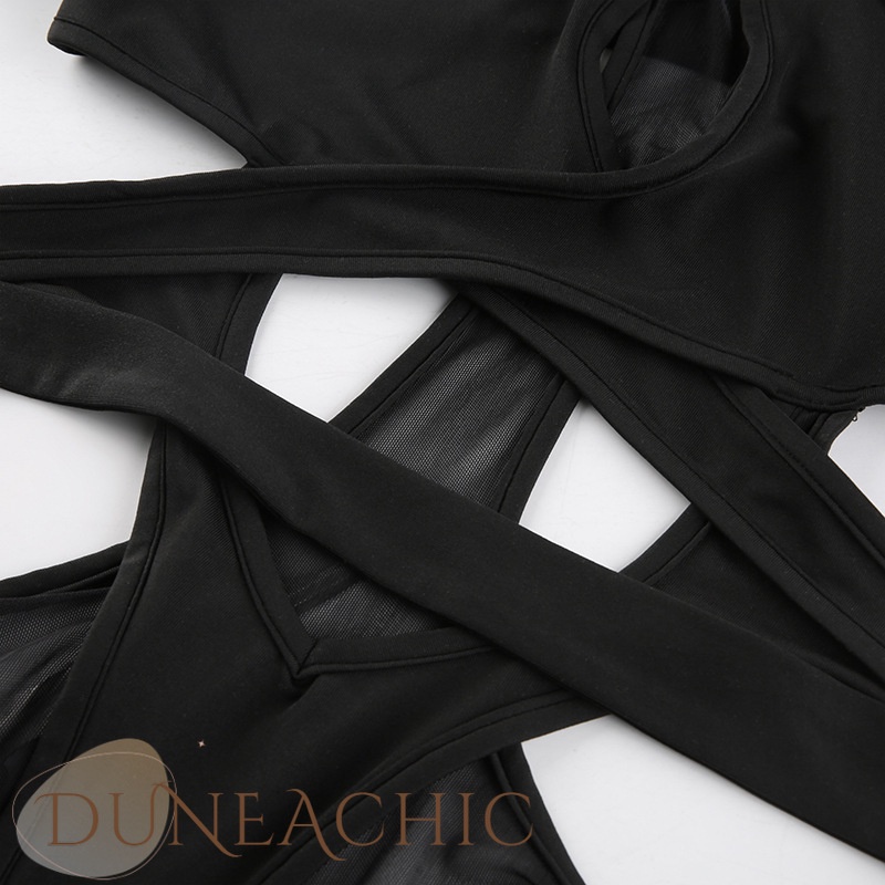 Áo liền quần DUNEA tay dài cổ cao phối lưới xuyên thấu quyến rũ cho nữ