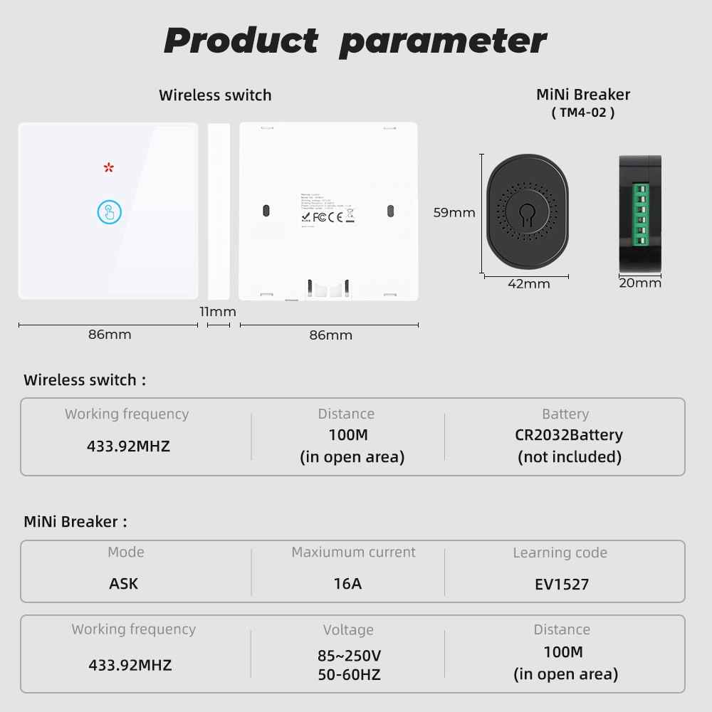 Công Tắc Đèn Cảm Ứng Thông Minh SMATRUL Điều Khiển Từ Xa Không Dây Gắn Tường 1 2 3 gang 433MHZ