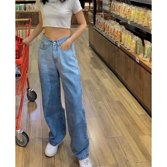 Quần jeans nữ loang màu ống rộng lưng cao, dáng suông hàng cao cấp