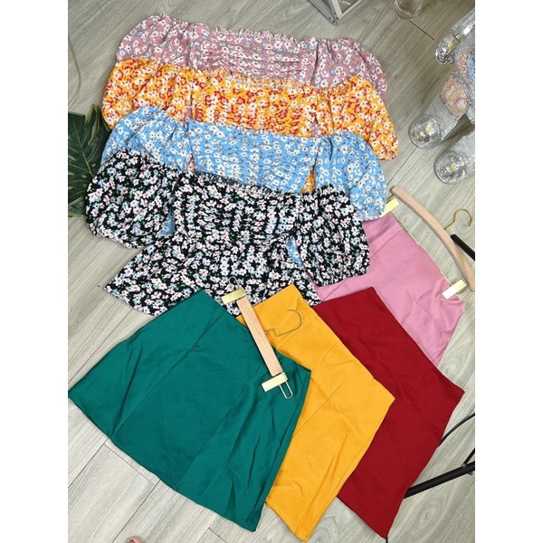 Set Hoa Nhí Trễ Vai - Áo Kèm Chân váy có quần lót bên trong