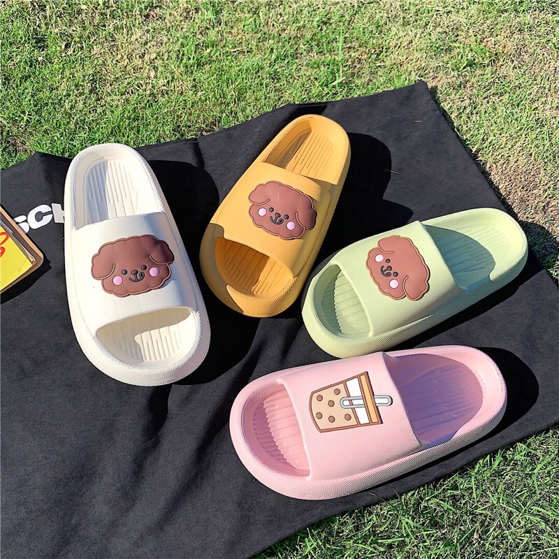Dép bánh mì hoạt hình gấu và trà sữa dễ thương cho nữ  đế cao chống trơn trượt kèm ảnh thật