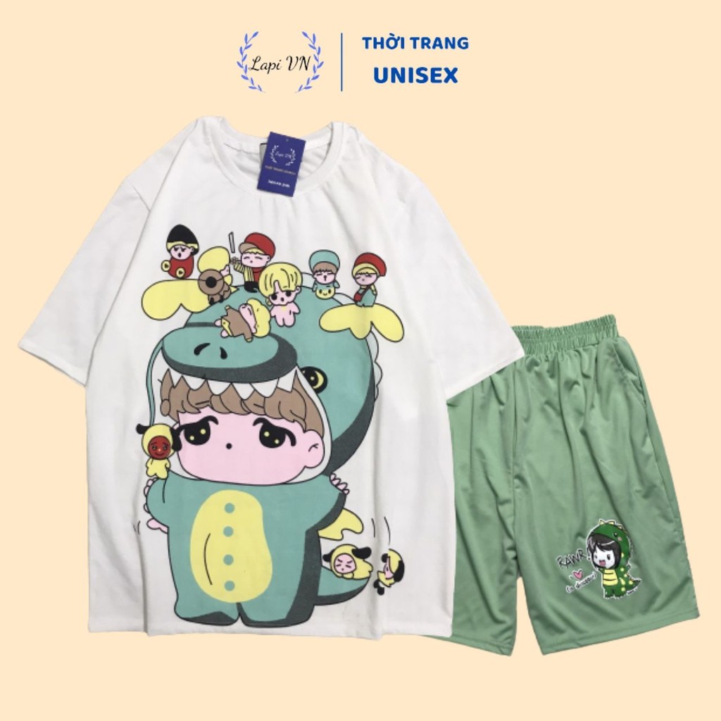 Đồ Bộ Hoạt Hình Unisex Tiểu Khủng Long Anime Tay Lỡ Lapi VN, Set Cartoon, Freesize, Thun Cotton, Nam Nữ Đều Mặc Được