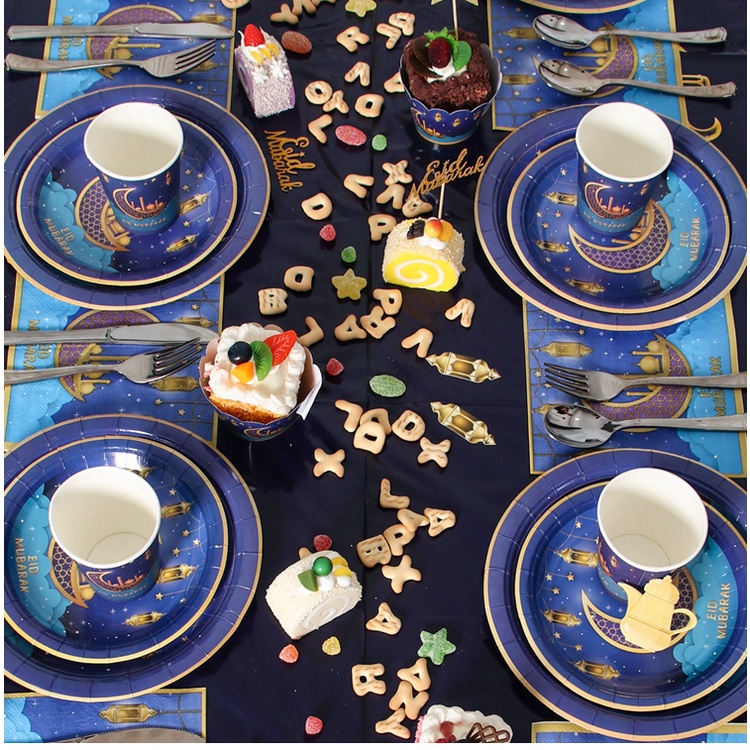 Bộ Dụng Cụ Bàn Ăn Bằng Giấy Màu Tím Dùng Một Lần Trang Trí Tiệc Mubarak Ramadan