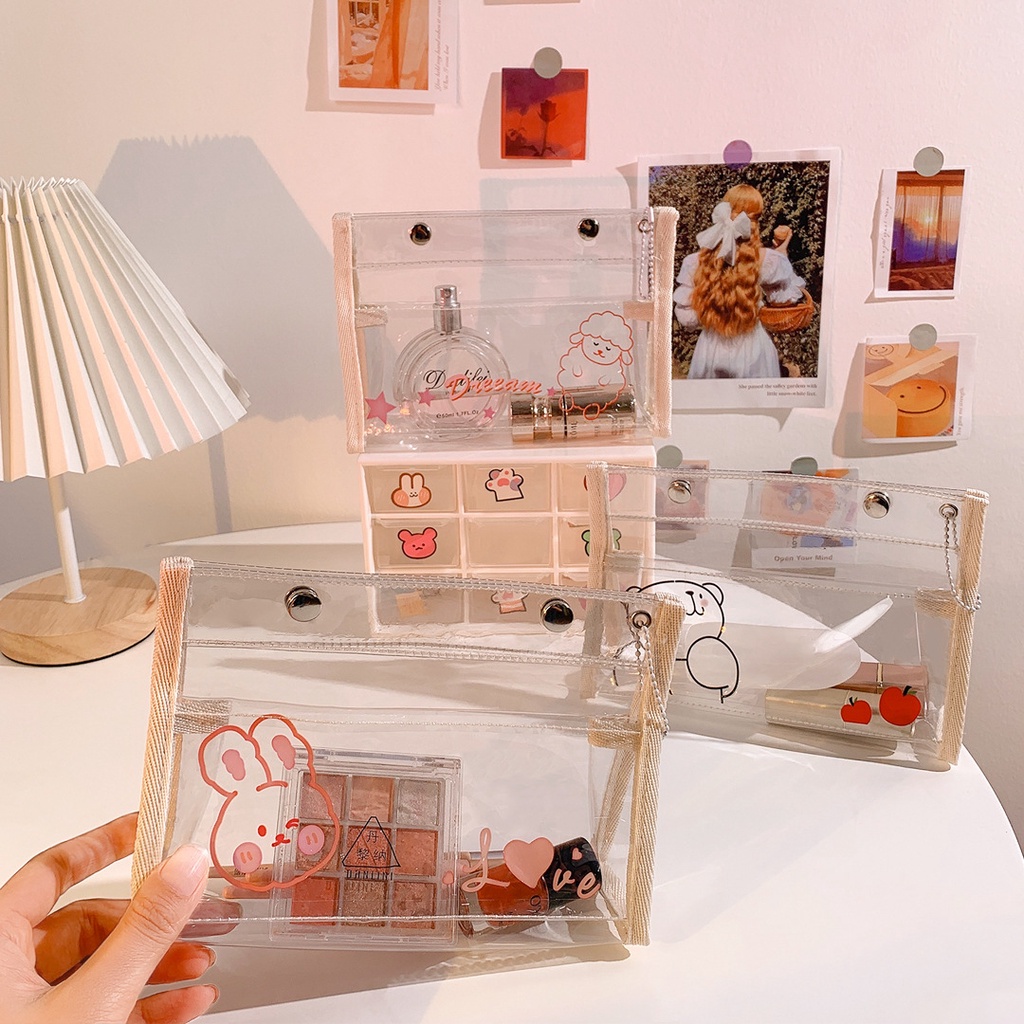 Túi Đựng Bút/Mỹ Phẩm Bằng PVC Trong Suốt In Hoạt Hình Kiểu Hàn Quốc Dễ Thương