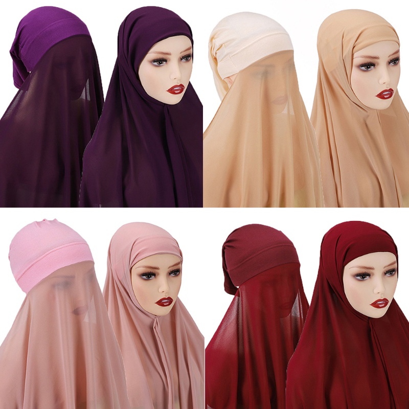 Khăn Voan Trùm Đầu Co Giãn Màu Trơn Đính Ngọc Trai Thời Trang