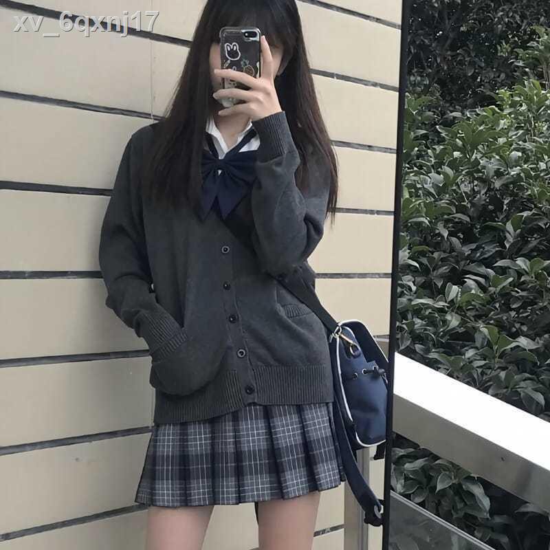 Chân váyváy tennis♛▬◐Đồng phục jk Nhật Bản kiểu đại học áo len cơ khoác cardigan cổ v mùa xuân và thu sinh lớp