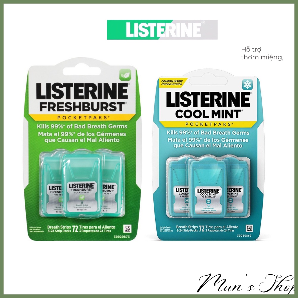 Kẹo Thơm Miệng Listerine‪ Freshburst bạc hà 24 miếng (Combo 3 hộp) (kẹo lá thơm miệng màu xanh lá/xanh dương)