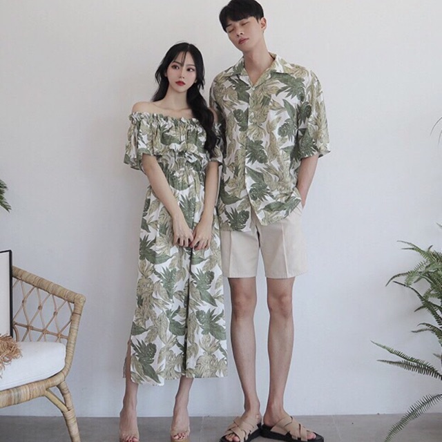 Set áo váy đôi hoạ tiết lá xanh maxi bèo vai chun eo đi biển dễ thương Forever Couple Store (giá gồm áo và váy) | BigBuy360 - bigbuy360.vn