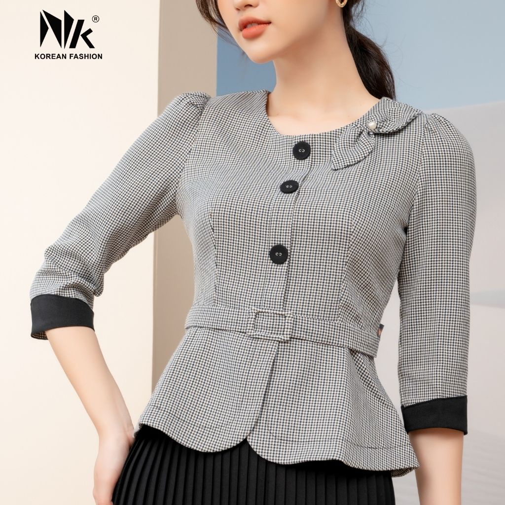 Bộ Vest Nữ Công Sở NK Fashion Gồm Áo Dáng Peplum Kẻ Kết Hợp Chân Váy Xòe Dập Ly, Chất Vải Nhập Hàn NKFBD2109015