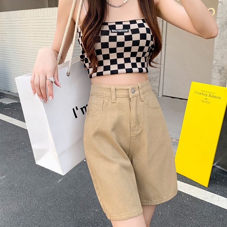 Quần Short Denim Lưng Cao Ống Rộng Màu Trơn Thời Trang Hàn Quốc Cho Nữ