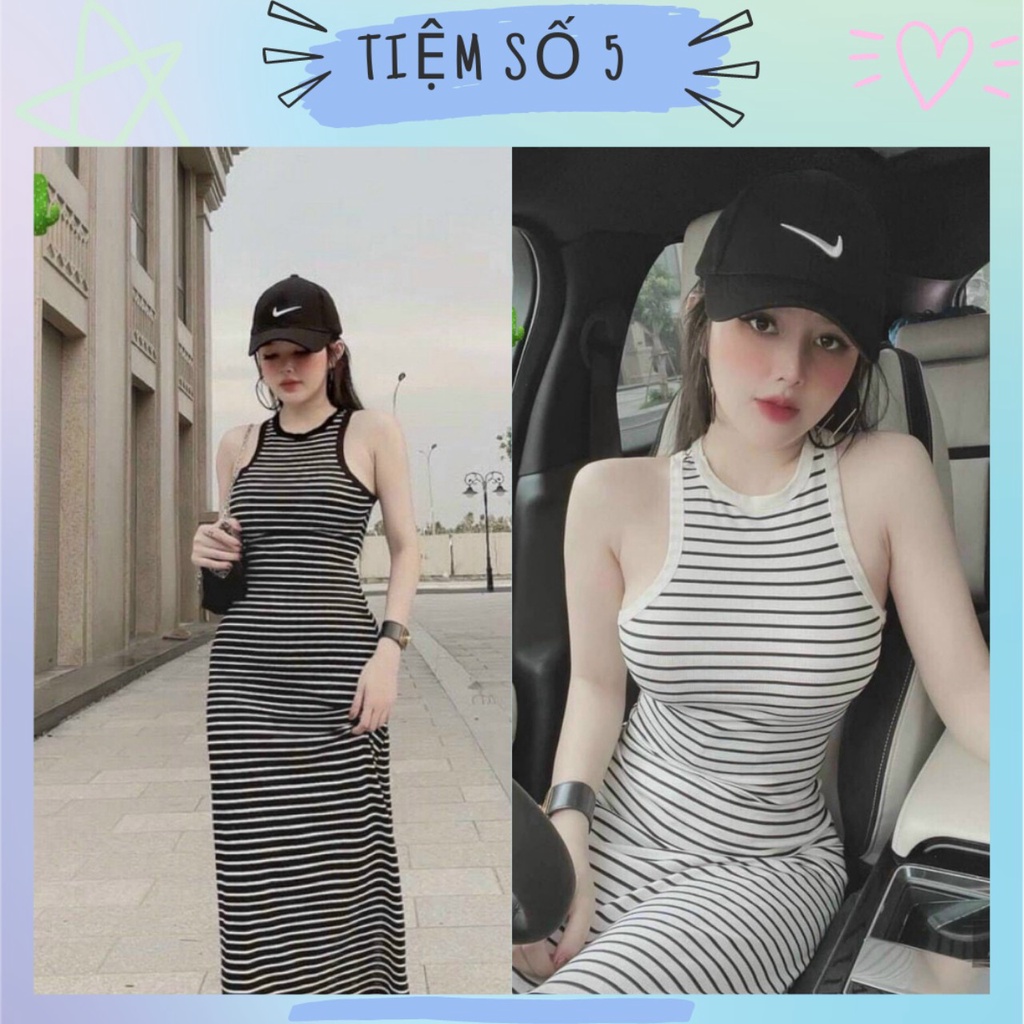 Đầm nữ form dài cổ áo ba lỗ sọc ngang, ôm dáng sexy