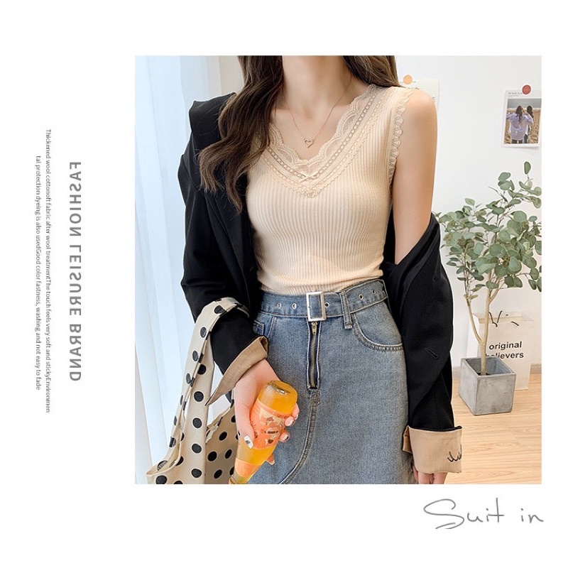 Áo 2 dây mặc vest phối ren cỗ chữ V cao cấp