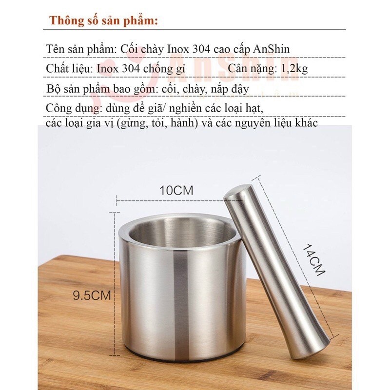 Cối chày bằng inox 304 chống nấm mốc có nắp đậy an toàn tiện lợi