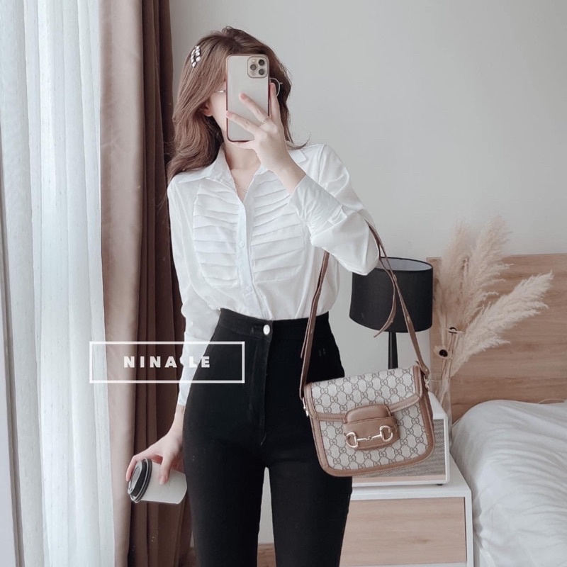 Áo Sơ Mi Trắng Xếp Ly Ngực Hàng Đep Kiểu Công Sở MOLA Sơmi Tay Dài Cao Cấp  Hàn Quốc Vintage Tiểu Thư