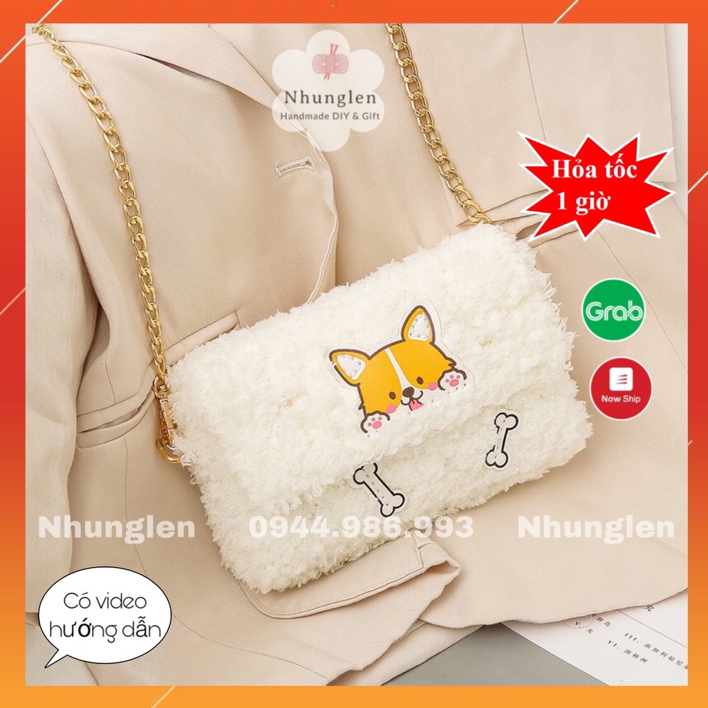 Sét nguyên liệu - Túi handmade tự đan len bông xù phối mác gấu chó, siêu hot 2021 (Hàng có sẵn)