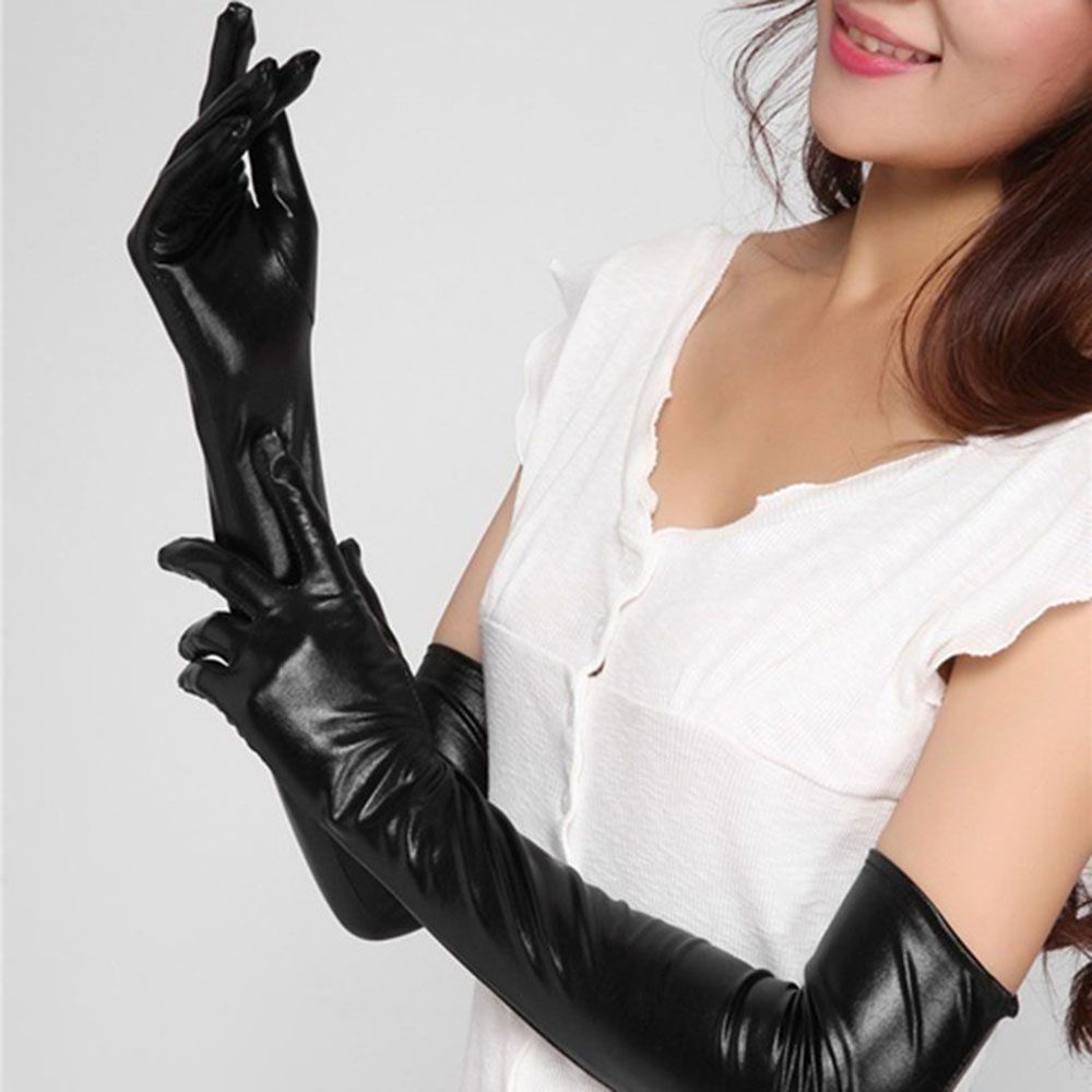 Đôi găng tay dài bằng da latex màu đen quyến rũ phong cách cho nữ hóa trang