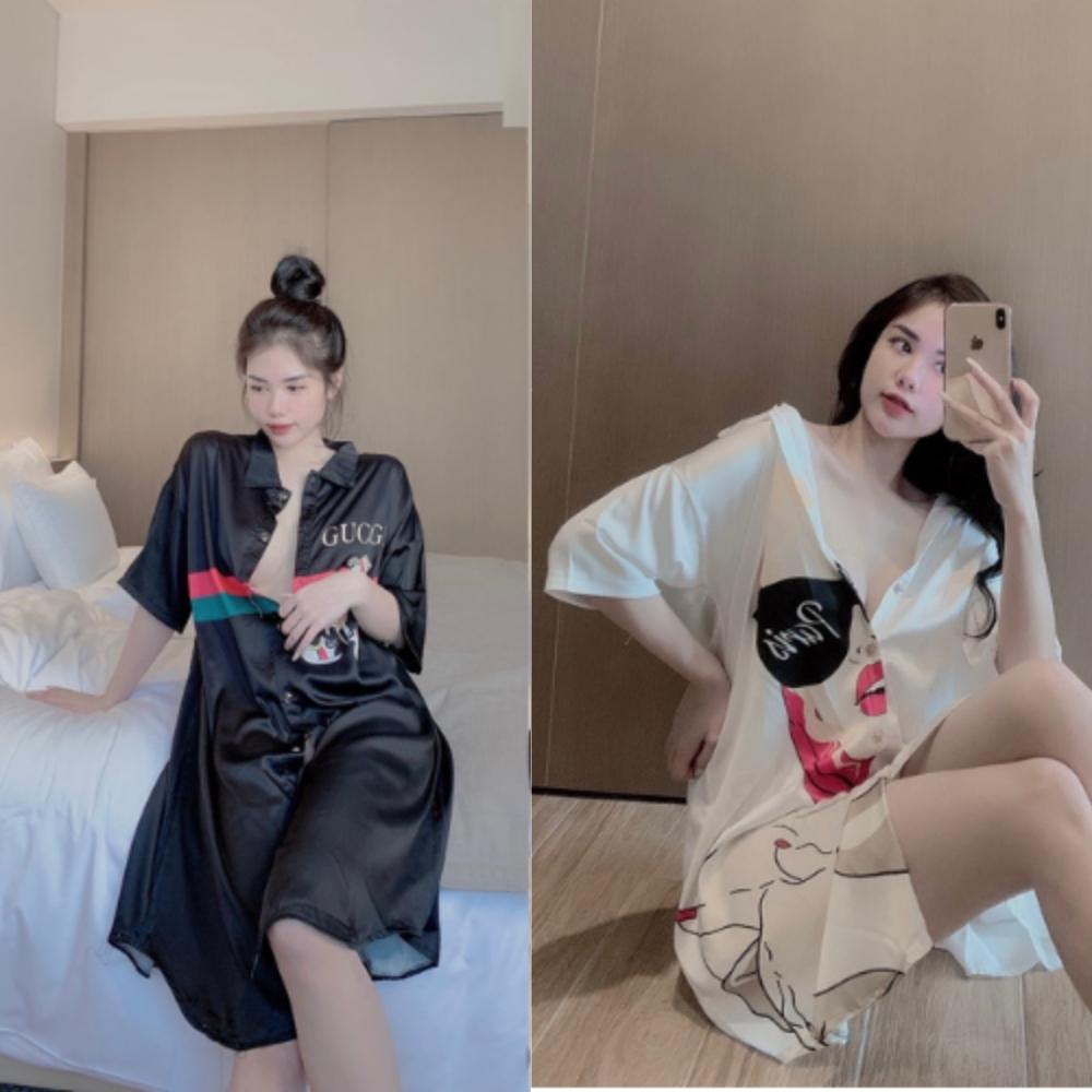 Váy Ngủ Dáng Sơmi Cực Xinh, Đầm Ngủ Sơ Mi Lụa Latin Váy Ngủ Sexy Nữ Thiết Kế In 3d Sắc Nét Free Size Dưới 75 Kg
