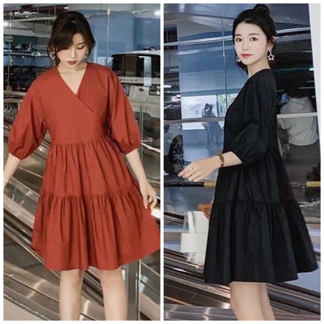 Đầm cổ V tay lỡ 2 màu (kèm hình thật) | BigBuy360 - bigbuy360.vn