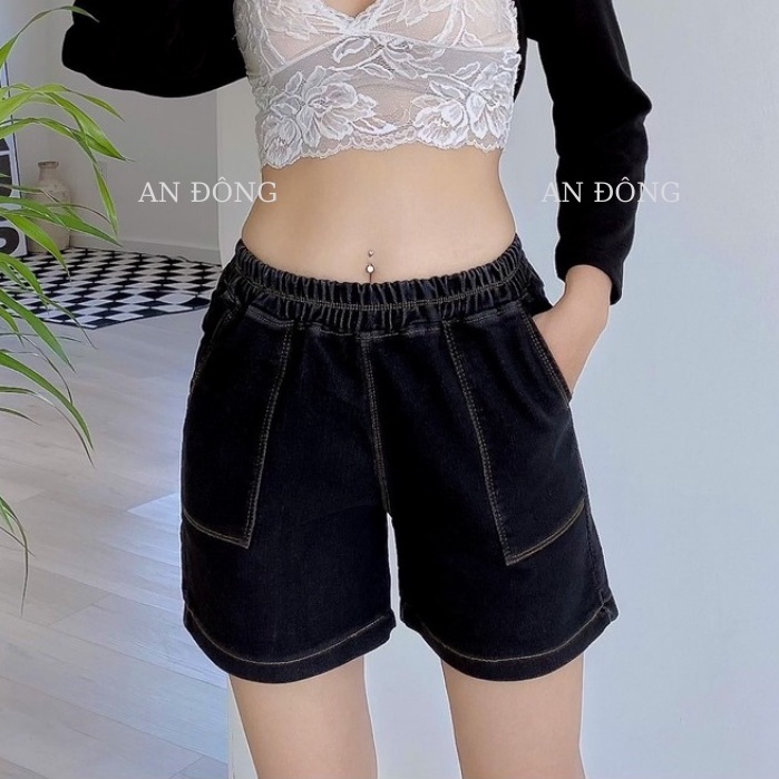 Quần jean short nữ lưng chun vải denim co giãn, quần lửng ngố ống rộng