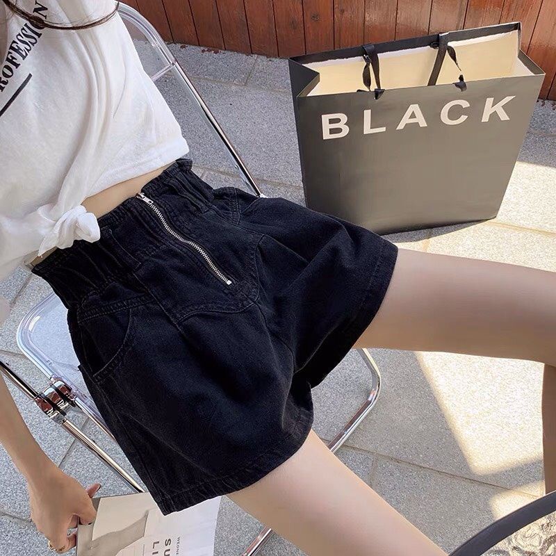 Quần Short Jean Nữ Ống Rộng Cạp Cao Phối Khóa Trước 3 Màu Full Size V031