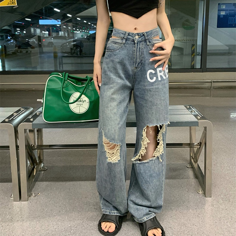 Quần Jean Nữ Lưng Cao Ống Đứng Rách Gối Thời Trang