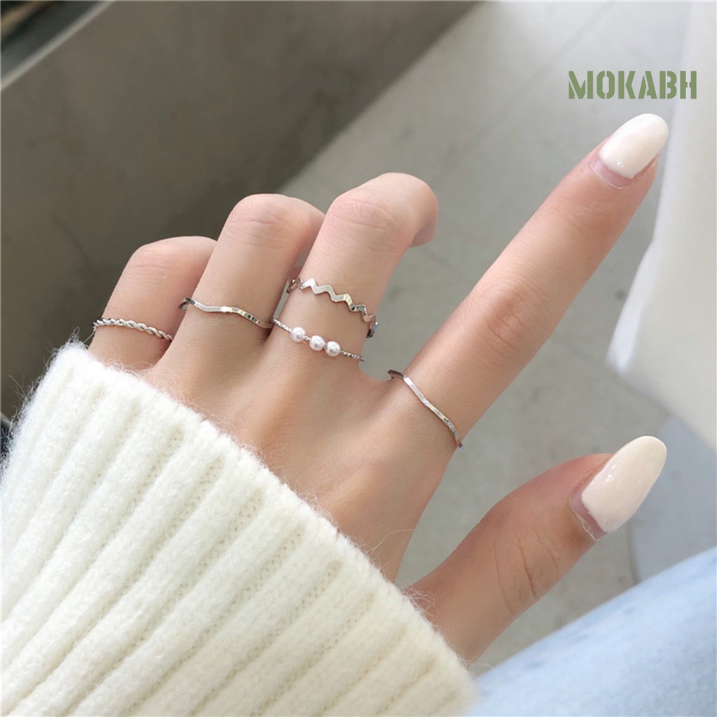 Set 5 Nhẫn Đính Ngọc Trai Giả Phong Cách Nhật Hàn Cho Nữ