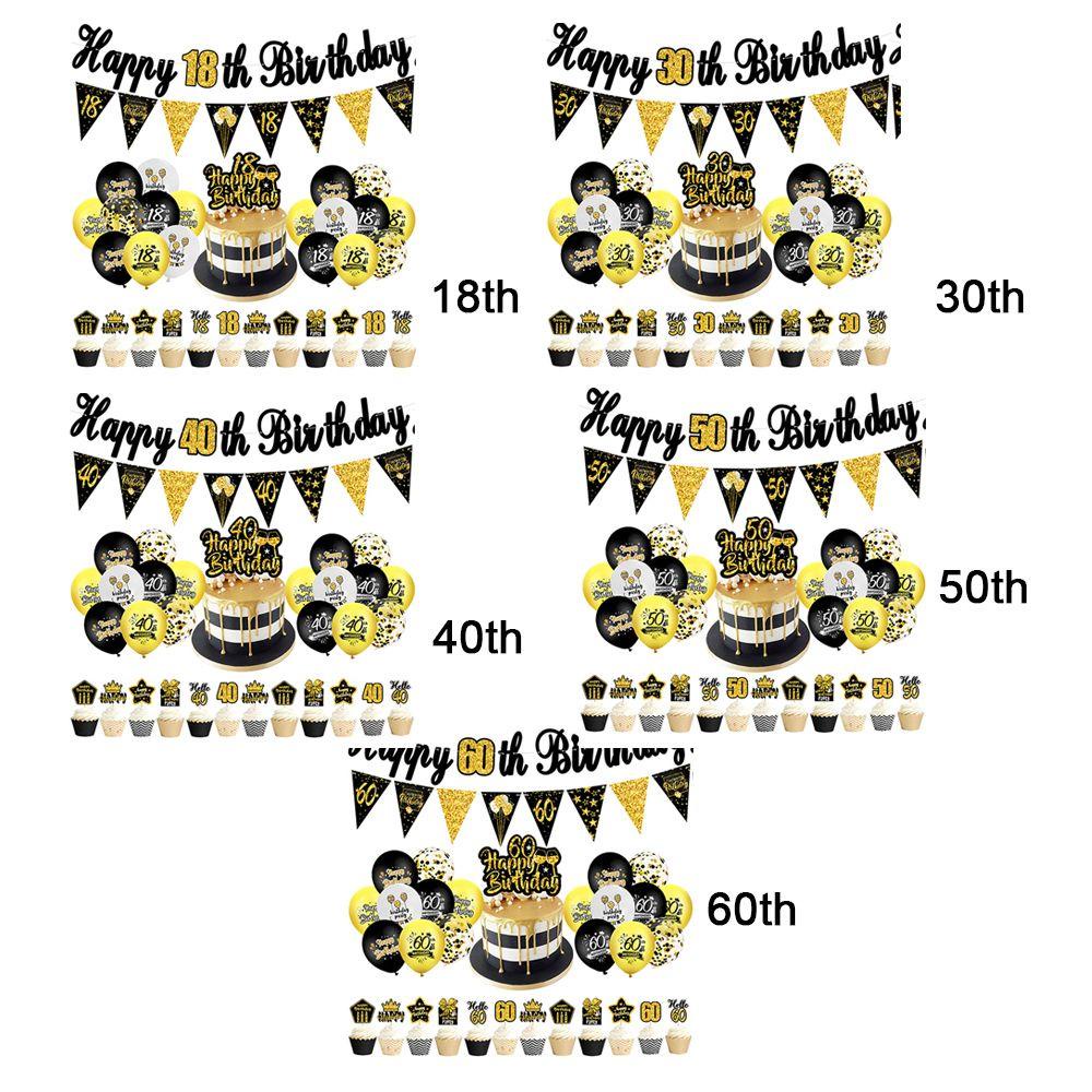 LEISURE Bộ Bong Bóng Và Chữ Happy Birthday Màu Vàng Đen Dùng Trang Trí Bánh Kem Sinh Nhật