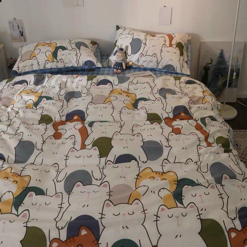 Bộ chăn ga gối cotton poly Mèo ngủ gật