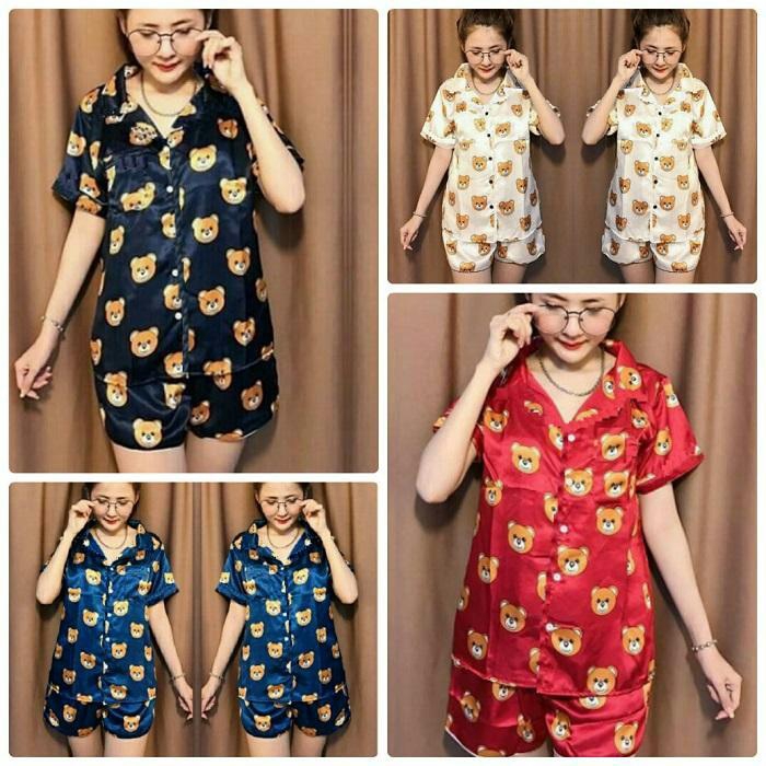Pijama phi bóng ngắn in hình gấu
