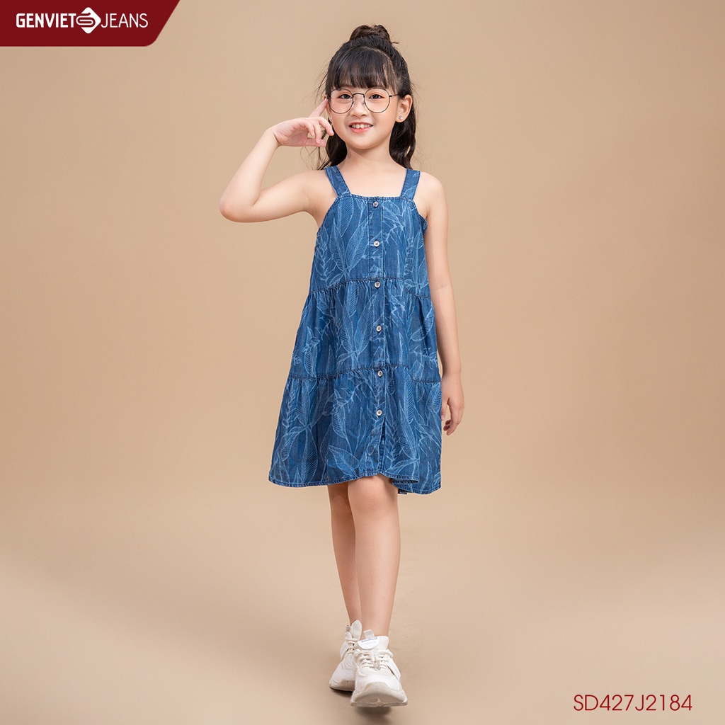 Đầm Kids Jeans Xòe Hai Dây Họa Tiết Hàng Cúc Genviet Kids SD427J2184