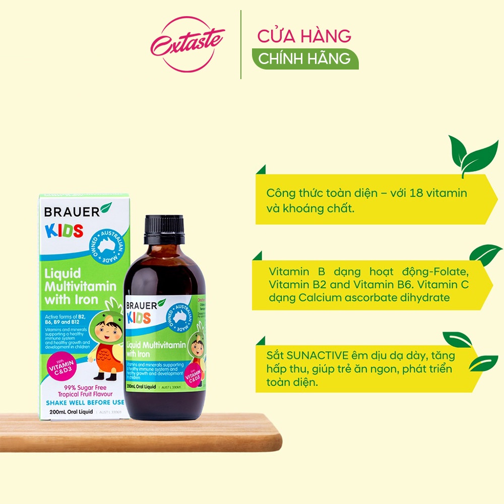 Siro bổ sung vitamin và khoáng chất Brauer Kids Liquid Multivitamin With Iron 200ml cho trẻ từ 3 tuổi