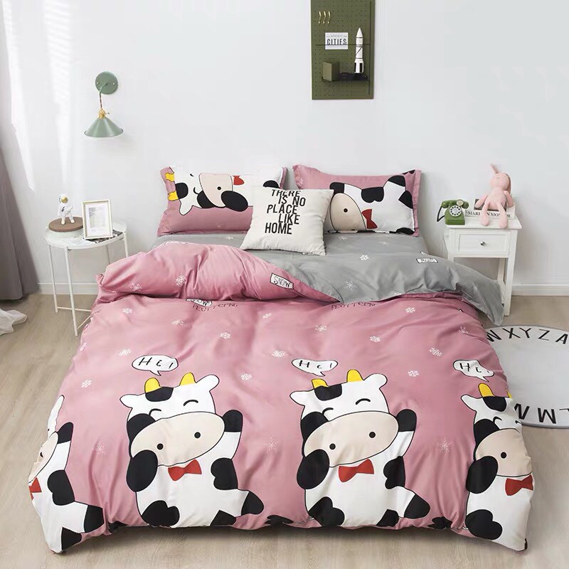 Chăn ga gối Emmibedding chất liệu cotton poly họa tiết bò hồng đáng yêu đủ size miễn phí bo chun