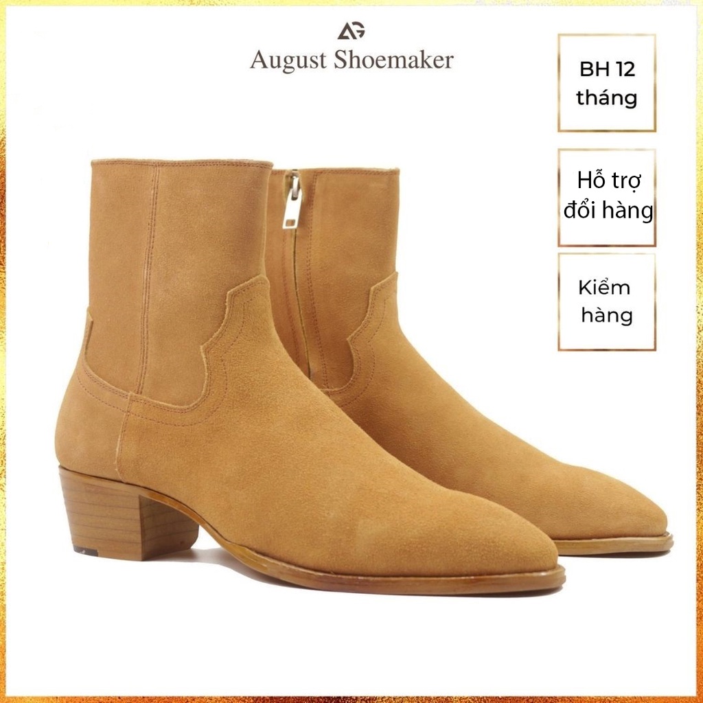 Giày Zip boots tobacco da bò cao cấp nhập khẩu Handmade August Shoes ZIP21V đế cao 5cm chính hãng bảo hành 12 tháng