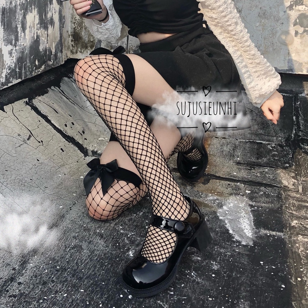 (2 màu) Tất đùi lưới có gắn nơ dễ thương/ lolita cute sock