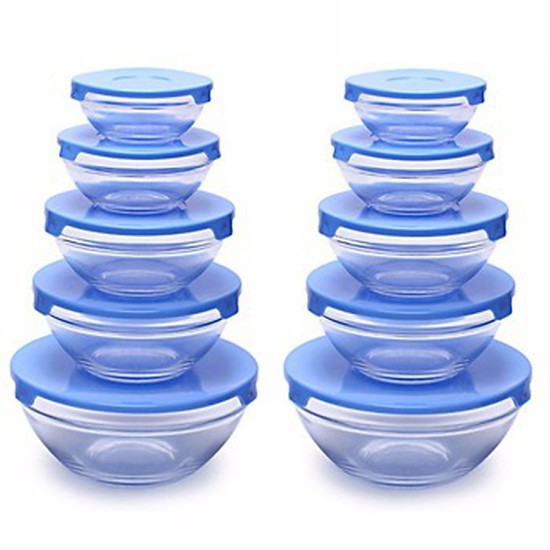 Bộ bát thủy tinh 5 món có nắp , 5 kích thước có nắp đậy , chất liệu an toàn cho sức khỏe