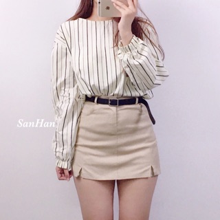 Áo sơ mi kẻ tay phồng / váy quần denim kèm thắt lưng