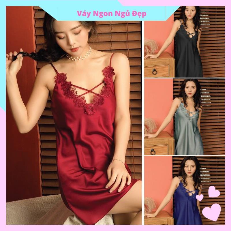 Đầm Ngủ Mặc Nhà Lụa Satin Không Mút Ngực MAD06AMK