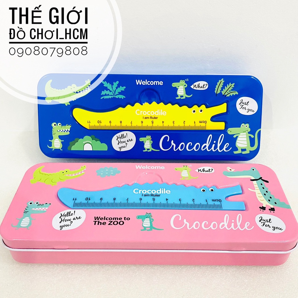 [TRỢ GIÁ-KÈM THƯỚC] Hộp bút sắt hai tầng cho bé đựng viết, hộp viết có họa tiết cá sấu Crocodile siêu dễ thương 675