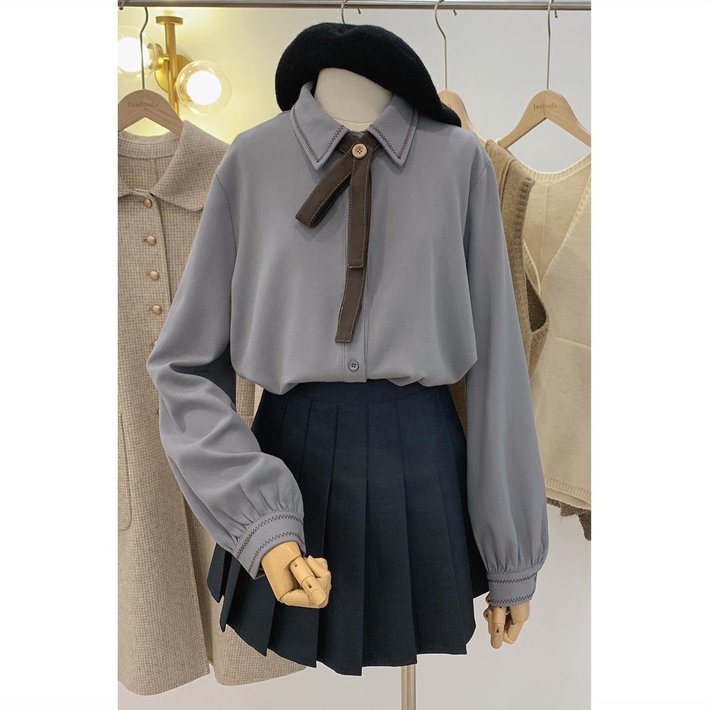 Áo Sơ Mi Nhung Kẻ Tay Dài Dáng Rộng Phong Cách Học Sinh Mới Cho Nữ